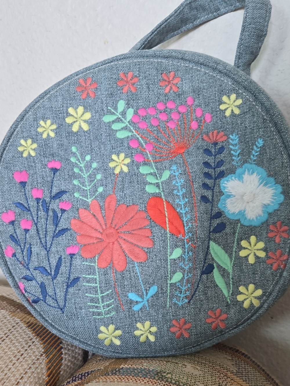 Embroidered Floral Round Denim Crossbody Bag in Gray